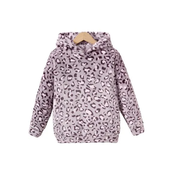 8-14Y Big Girls Plush Leopard Pattern Furry Warm Hooded Sweatshirt Coat For Teen Kids Fall/ Winter Outfit Purple Catpapa  462307018
