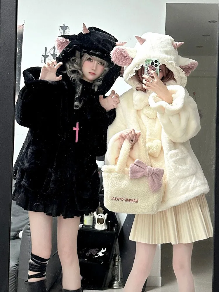 Black Cute Lamb Ears Hooded Winter Cozy Plush Coat