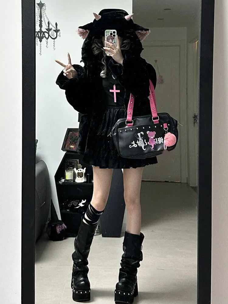 Black Cute Lamb Ears Hooded Winter Cozy Plush Coat