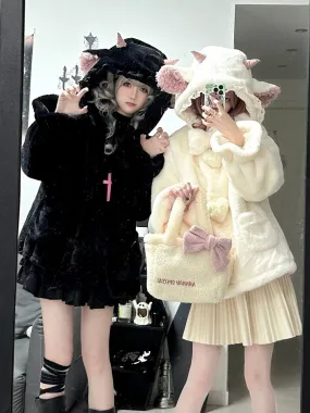 Black Cute Lamb Ears Hooded Winter Cozy Plush Coat