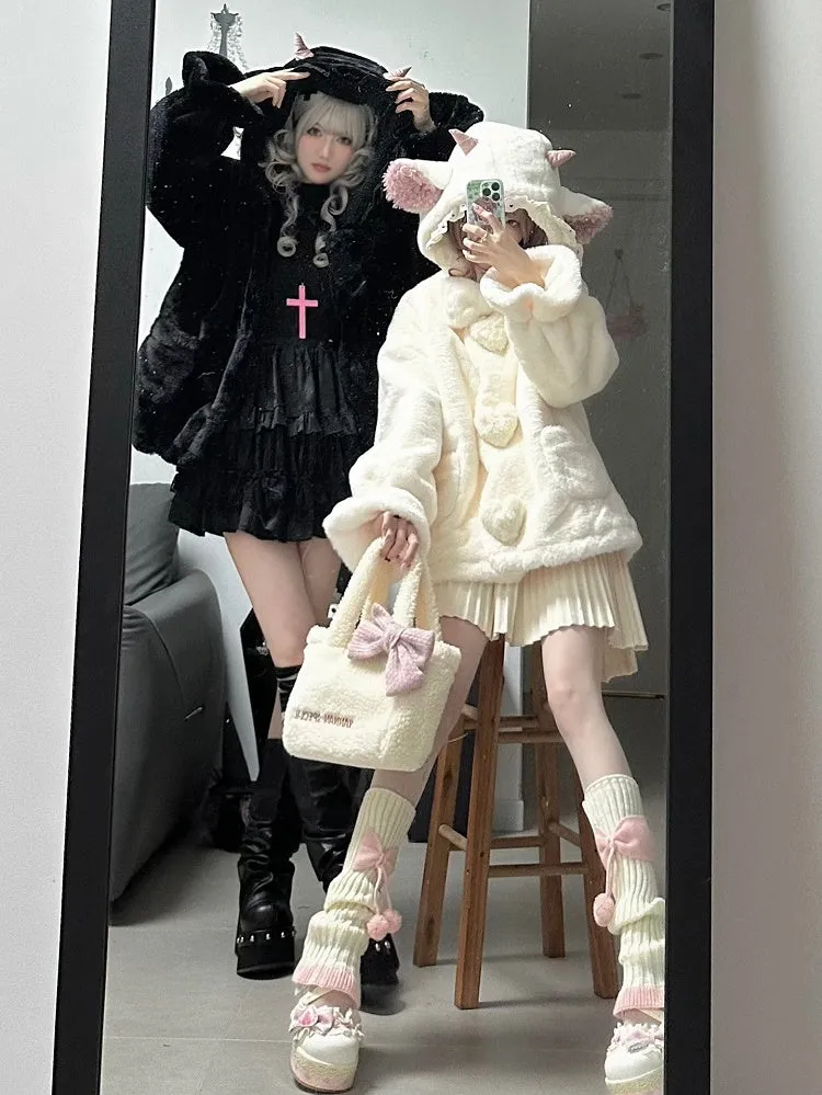 Black Cute Lamb Ears Hooded Winter Cozy Plush Coat