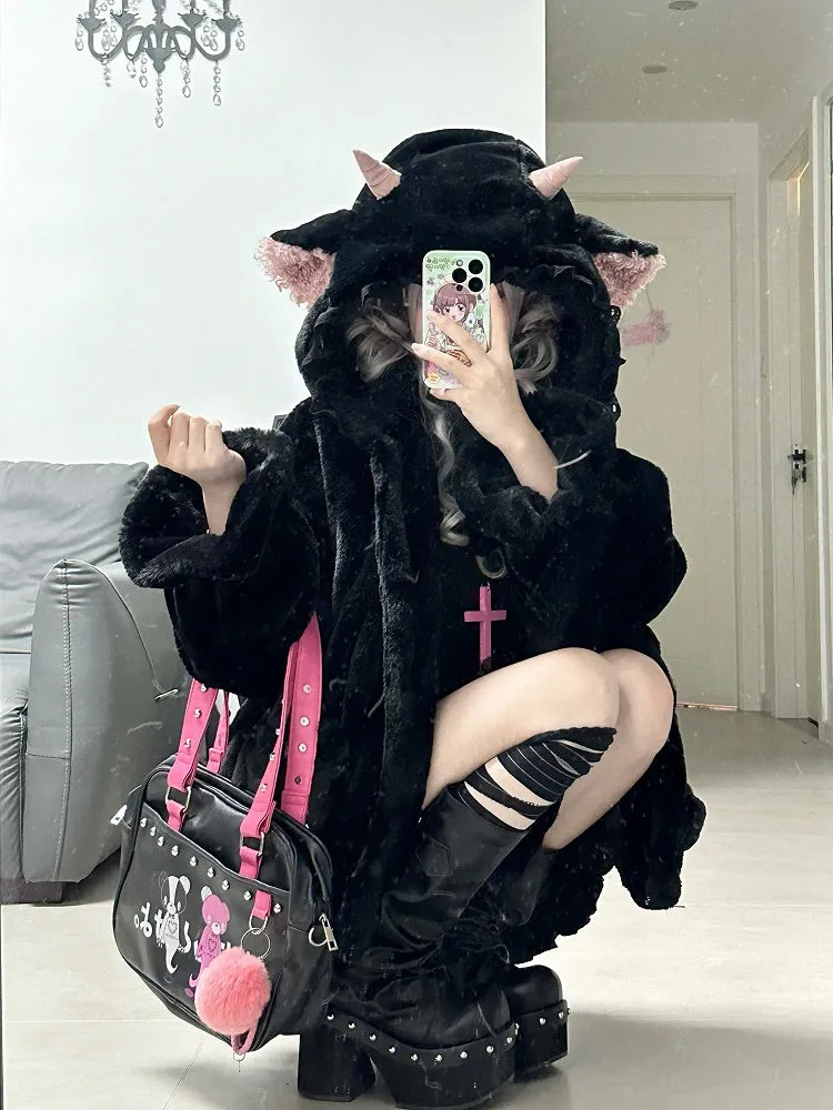Black Cute Lamb Ears Hooded Winter Cozy Plush Coat