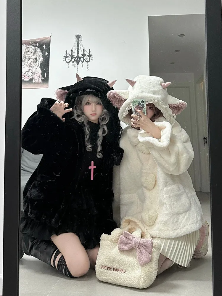 Black Cute Lamb Ears Hooded Winter Cozy Plush Coat