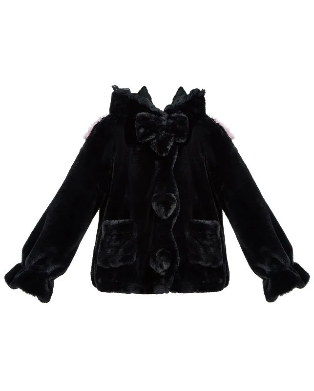Black Cute Lamb Ears Hooded Winter Cozy Plush Coat