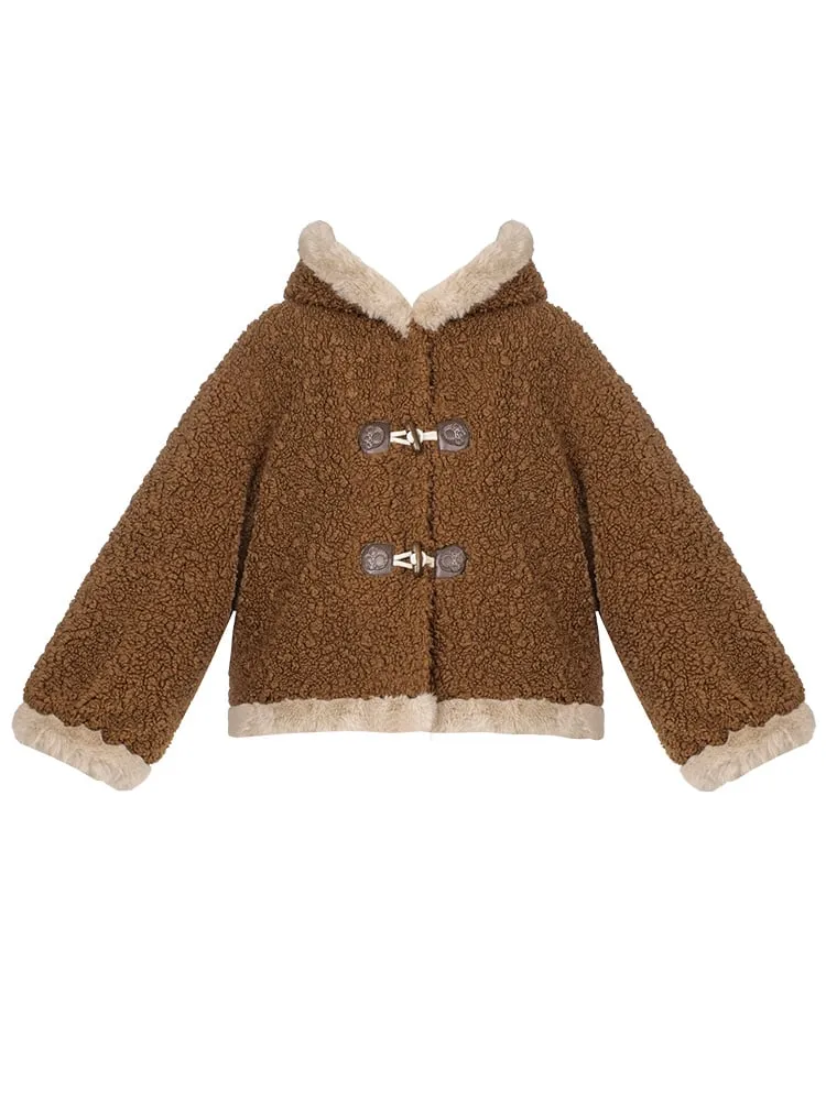 Brown Fleece Lesser Panda Ears Hooded Winter Coat