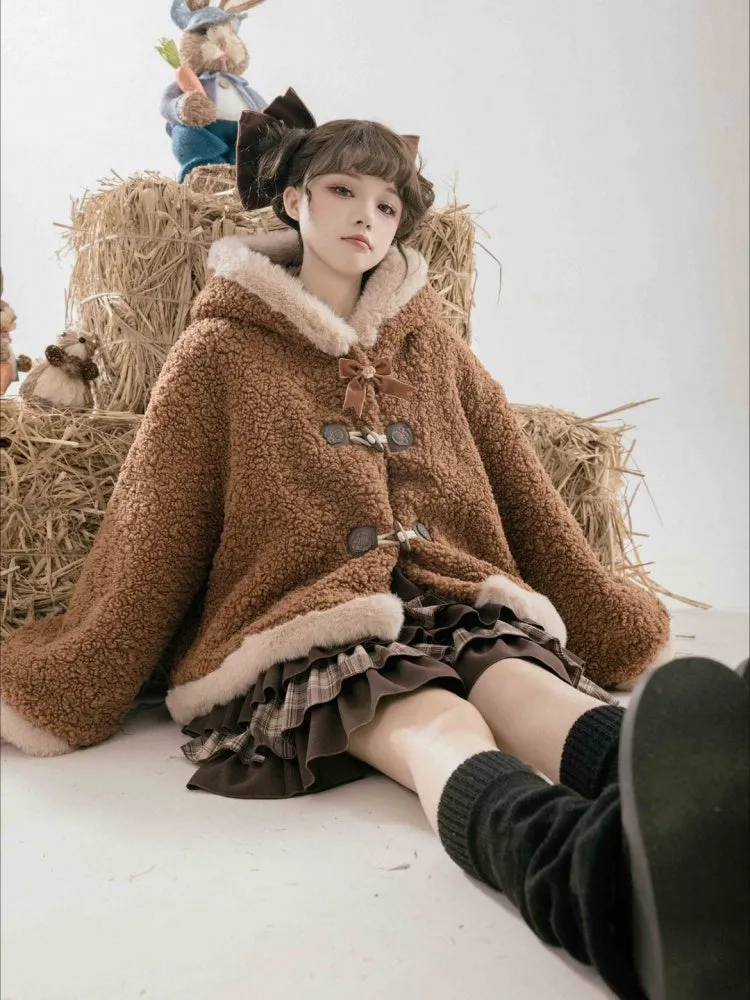 Brown Fleece Lesser Panda Ears Hooded Winter Coat