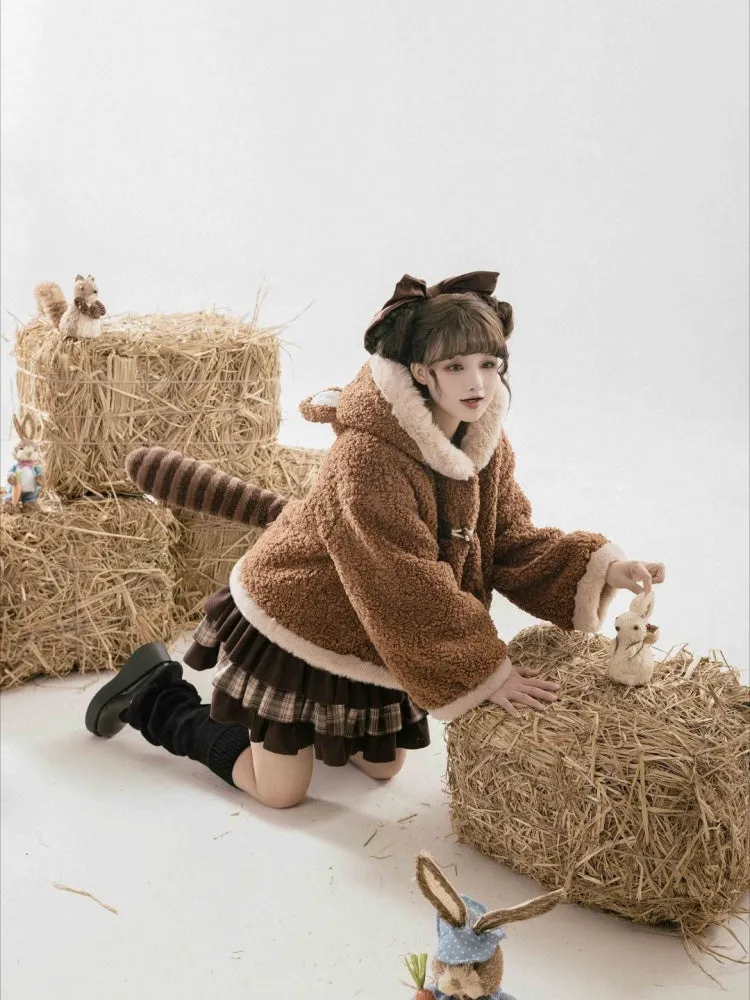 Brown Fleece Lesser Panda Ears Hooded Winter Coat