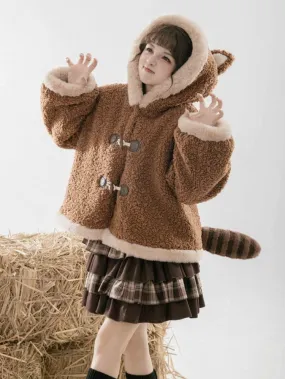 Brown Fleece Lesser Panda Ears Hooded Winter Coat