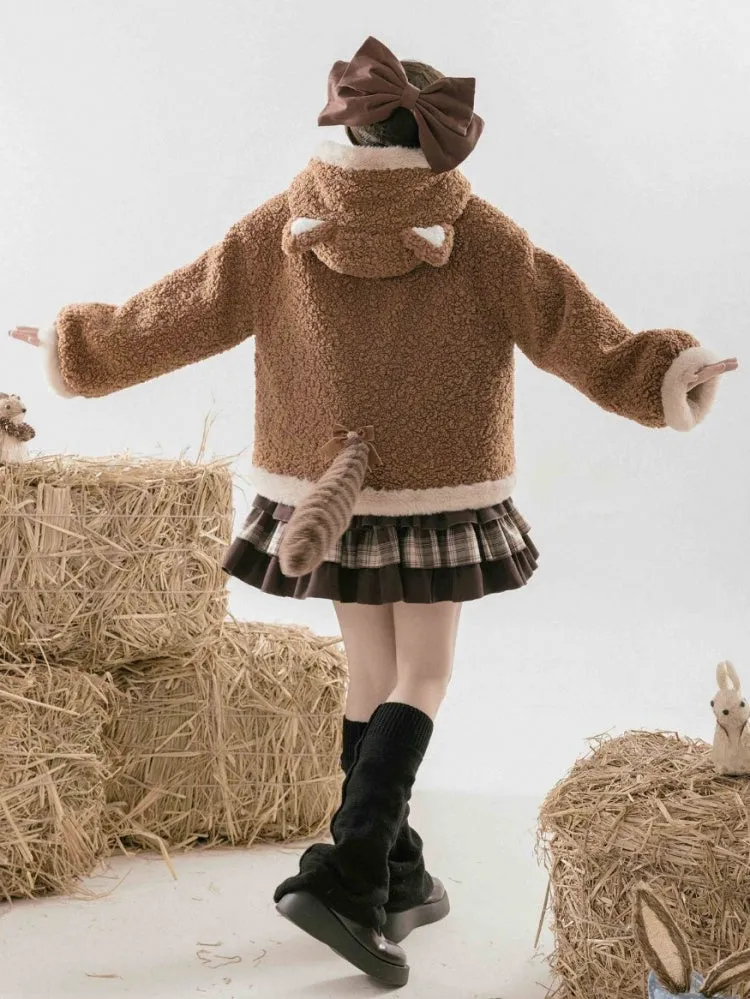 Brown Fleece Lesser Panda Ears Hooded Winter Coat