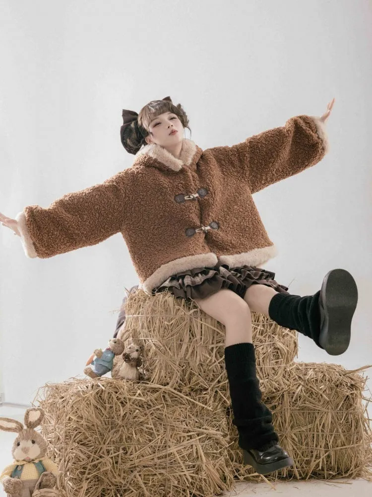 Brown Fleece Lesser Panda Ears Hooded Winter Coat