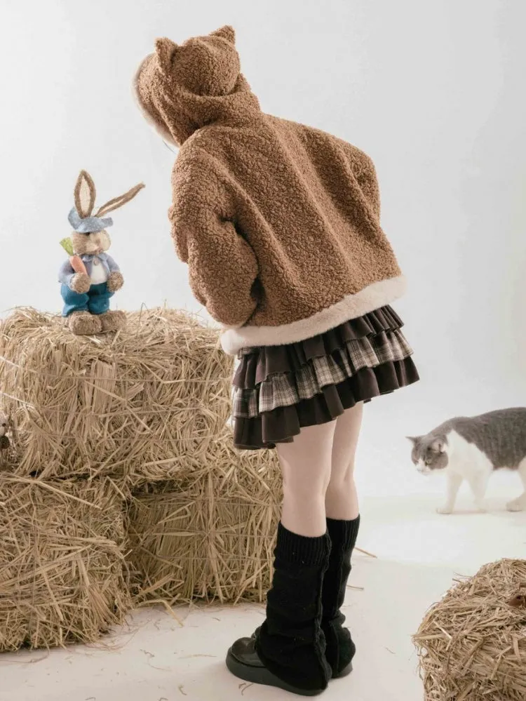 Brown Fleece Lesser Panda Ears Hooded Winter Coat