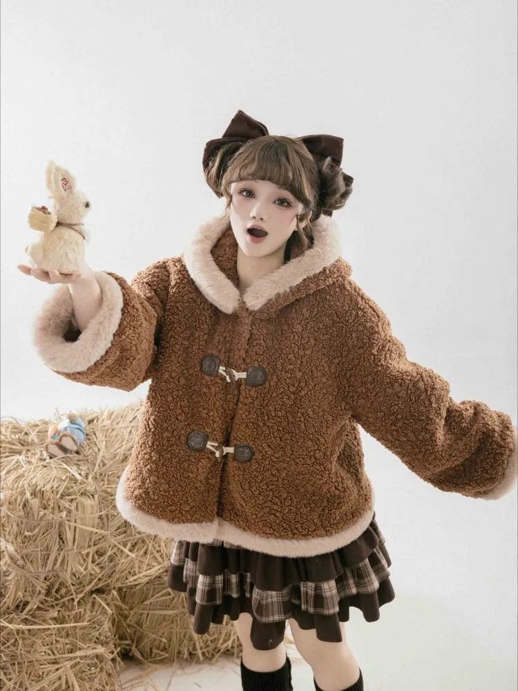 Brown Fleece Lesser Panda Ears Hooded Winter Coat