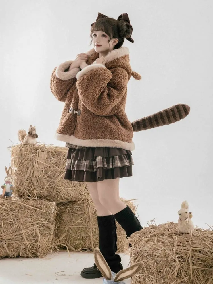 Brown Fleece Lesser Panda Ears Hooded Winter Coat