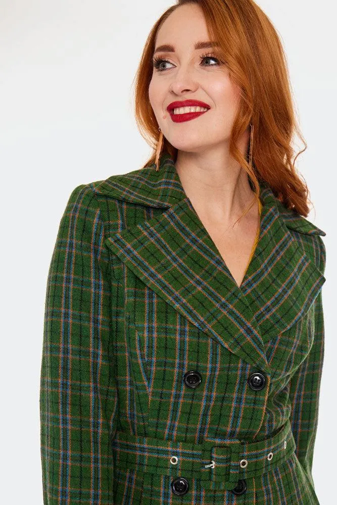 Green Double Breasted Checked Coat