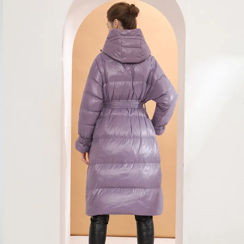 Hooded Long Sleeves Belted Puffer Coat
