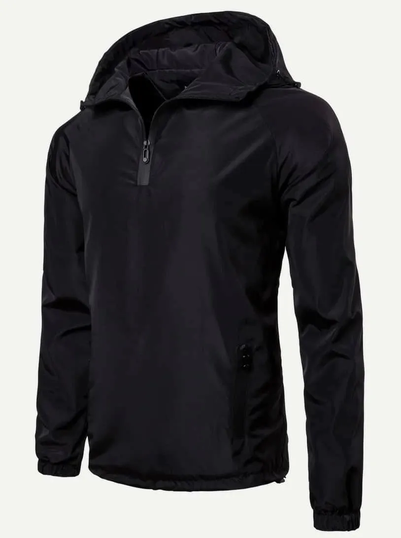Men Solid Quarter Zip Hooded Anorak Jacket